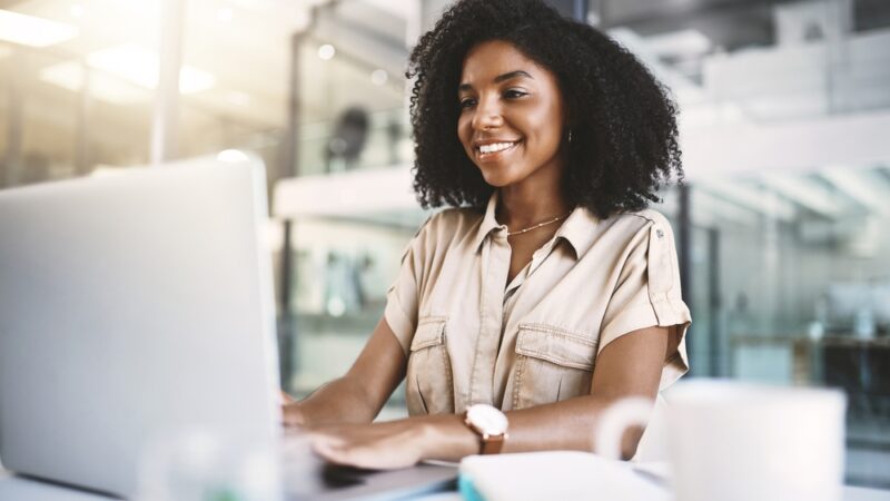 Office,,Black,Woman,And,Journalist,With,Laptop,For,Research,,Typing